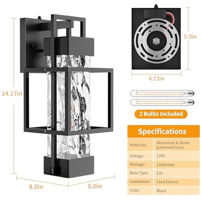 2 Pack Dusk to Dawn Outdoor Porch Light Fixtures Wall Mount, 14'' Dimmable Exterior Lighting for Outside, Waterproof Wall Lantern Lamps, Black Sconce Coach Lights for House, Garage (Bulbs Included)