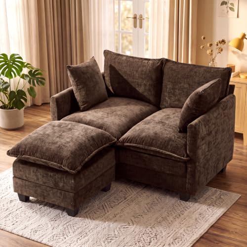 Image of KYJ Cloud Loveseat Sofa Couch with Ottoman 3 Layer Cushion for Small Spaces | 50 inch Chenille Small Sofa, 27 inch Deep Seat, 2 Washable Pillow, in a Box for Bedroom & Living room, Singles, Couple & Kid, Brown
