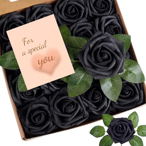 XIANNVXI 16 Stück Schwarze Künstliche Rosen Schwarz Blumen Deko Fake Rose Blumenstrauß Rosen Plastikrosen Romantisch Valentinstag Hochzeitsdeko Tisch Verlobung Brautstrauß Rose 6 Blätter 17 cm Stängel