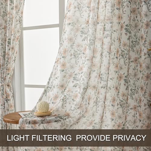 Image of SUOUO Brown Vintage Floral Semi Sheer Curtains Linen Textured for Living Room 96 inches Long Rod Pocket Window Drapes for Dining Bedroom 2 Panels