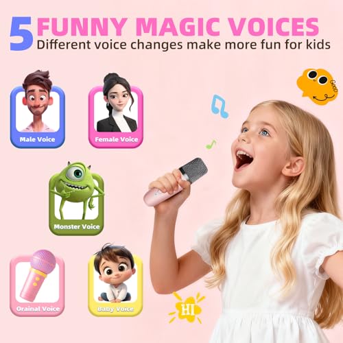 Kids Karaoke Machine Toy Ages 3-12, 2 Wireless Mics BT Speaker, Pink - Image 4