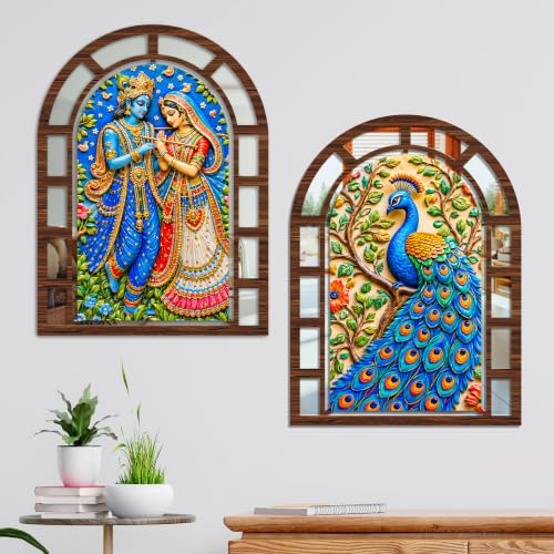 Image of Artvibes Radha Krishna & Peacock Theme Wall Hanging Decor | Decorative Wall Jharokha Mirror for Living Room, Bedroom, Hall, Prayer Room, Dining Area & Lobby | Gift (WH 12008N), Set of 2