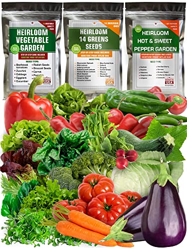 Heirloom Selection of Vegetable, Hot Pepper, Lettuce, Greens and Salad Seeds - USA Grown - Total 34 Individual Non-GMO Heirloom Seeds for Planting Home Garden Indoor Outdoor and Hydroponic