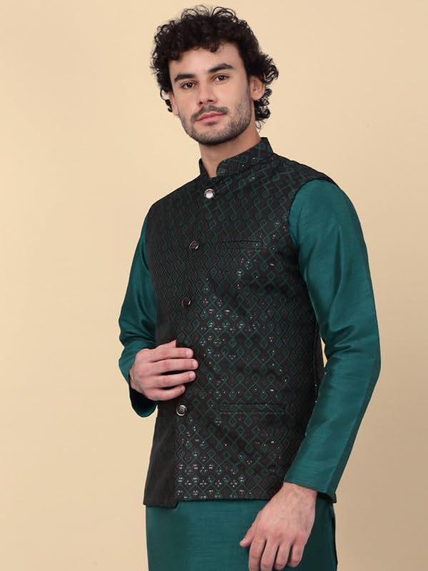 Image of KRAFT INDIA Men's Embroidered Sequins Jacquard Nehru Jacket