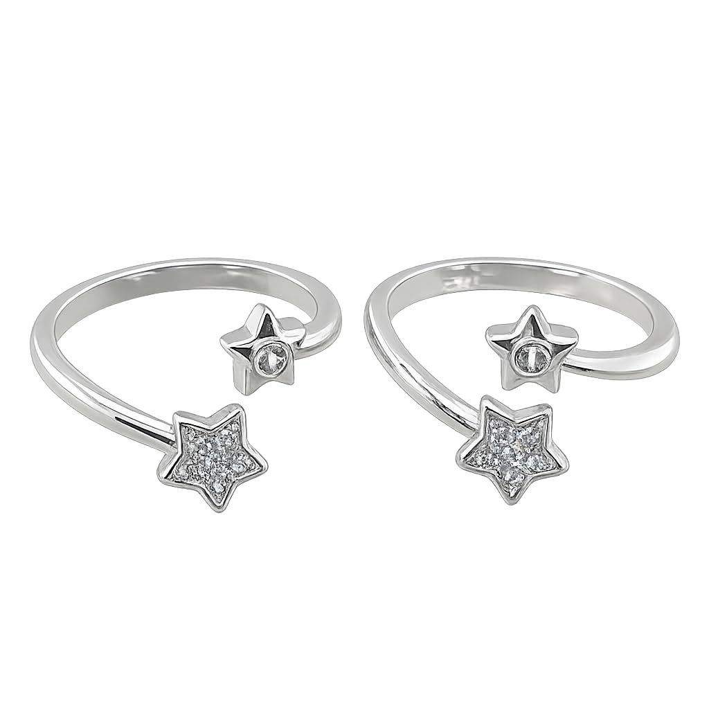sahiba gems 925 Silver Little Zircon Star Design Front Open Toe Ring Bichhiya For Women ~ 1 Pair Light Weight (3.250 Grams)-picture-36