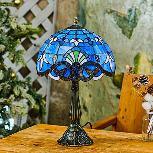 Vallaure Lupinu Tiffany Table Lamp Blue Stained Glass Style Vintage Luxurious Nightstand Reading Desk Light 18" Tall For Living Room Bedroom Bedside Study Handicrafts Gifts Led Bulb Not Included #TOP2