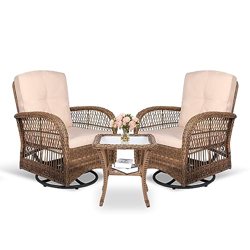 MEETWARM 3 Pieces Outdoor Wicker Swivel Rocker Patio Set Rocking Chairs Rattan Patio Furniture Sets with Thickened Cushion and Glass Top Coffee Table Conversation Bistro Set for Porch Light Brown