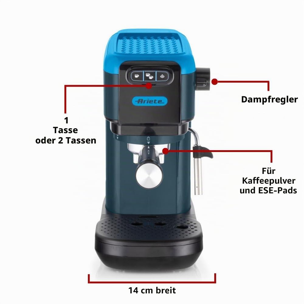 Ariete 1399 Mango Yellow Espressomaschine, für Pulver und ESE-Pads, 1300 W, Fassungsvermögen 1,1 l, 15 bar Druck, Filter 1, 2 Tassen und ESE-Pads, Cappuccino, Gelb