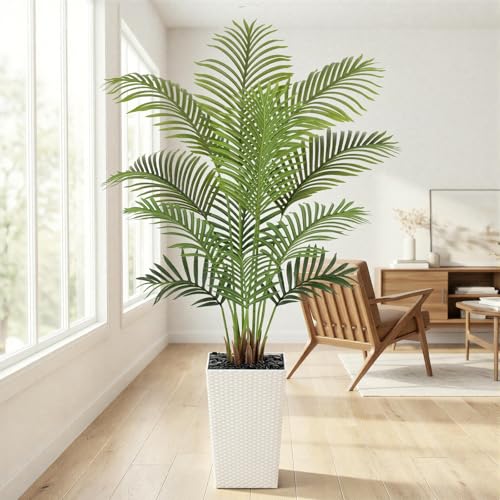 Image of 5ft Artificial Palm Tree with White Planter - Tall Fake Palm Tree Indoor Fake Tropical Plant for Home Office Living Room Bedroom Modern Decor