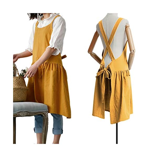 NEWGEM Cotton Linen Cross Back Apron for Women with Pockets for Painting Gardening Yellow with Waist Ties