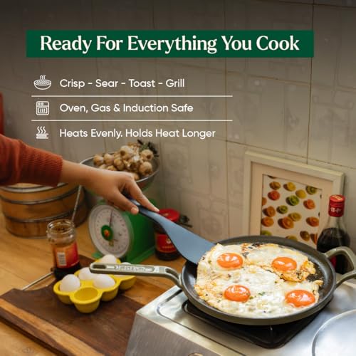 Image of Ember Cookware TitaniumClad Enamel Cast Iron Tawa for Dosa 27 cm | 10-Year Warranty | Rust-Proof Cast Iron Tawa for Roti & Dosa | Non Stick Dosa Tawa | Heavy Duty Induction Cookware | Sage