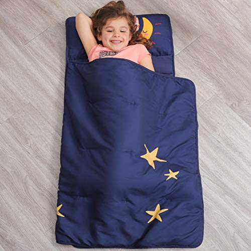 TILLYOU Toddler Nap Mat with Pillow for Boys Girls, Moon Sky Theme, Soft Warm Kids Sleeping Bag Sack for Daycare, Preschool and Kindergarten, Ages 2-4 Years, Navy - Thumbnail 6