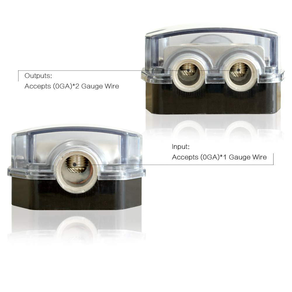 ZOOKOTO 2-Way Car Audio Power Distribution Block – 0/2/4 Gauge Input To 4/8/10 Gauge Output, Includes 2 Fuse Holders