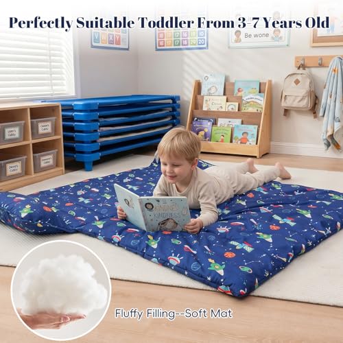 Image of PHF Soft Toddler Nap Mat with Removable Pillow, Rollup Design Kids Sleeping Mat, Slumber Bags for Boys, 55 inchx23 inch Toddler Sleeping Bag for Daycare Preschool Travel Camping, Space Star