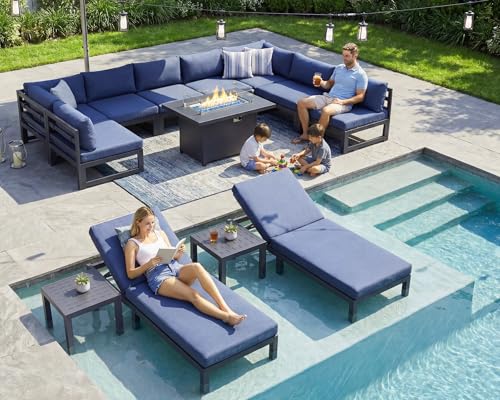 NICESOUL 13 Pcs Large Modern Aluminum Outdoor Sofa with Lounger & Fire Pit Table, 29" Deep Seat, 500 lbs Durable Sectional Set for Heavy People, All Weather Patio Furniture Set for Garden, Denim Blue