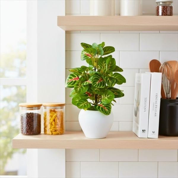 Image of fancymart Artificial Plant Leaves in Apple Pot (30 cm Height) | Small Potted Plant for Office Desk | Home Decor for Living Room | Cafe & Restaurant Table Decoration