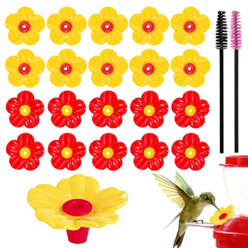 20 Pieces Hummingbird Feeder Replacement Flowers Plastic Hummingbird Feeders Parts Pet Bird Feeder Replacement for Outdoors Hanging Feeders Feeding Ports with 2 Cleaning Brush (Red + Yellow)