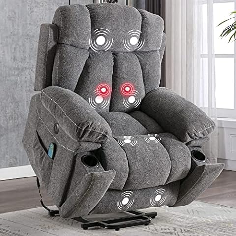 CANMOV Large Power Lift Recliner Chairs with Massage and Heat for Elderly Big People, Heavy Duty Motion Reclining Mechanism-Anti Skid Fabric Recliner Chair with 2 Concealed Cup Holders,Dark Gray Cover