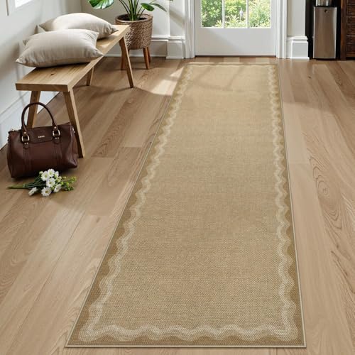 LIVEBOX Scalloped Washable 2x8 Kitchen Runner Rug, Easy Jute Geometric Tan Rug for Hallway Runner Entryway, Indoor Outdoor Non Slip Rugs Farmhouse Modern Carpet Door Mat for Porch Laundry Room