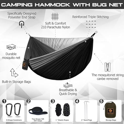Image of Camping Hammock with Mosquito Net,Lightweight 210T Nylon Hammocks,Portable Hammock with 10ft Tree Straps,Camping Gear Must Haves for Travel Hiking Backpacking Beach Patio-Black&Grey