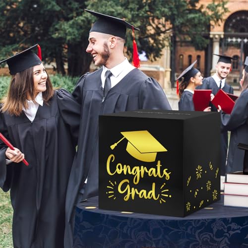 Image of Hooqict Graduation Card Box with Slot 9.1 inch Congrats Grad Black Gold Money Card Box for Class of 2026 Graduation Decorations Money Envelope Gifts Cards Holder Grad Party Supplies