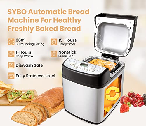 Sybo Bm8601 Stainless Steel Bread Machine, 1.5 Lb 19-In-1 Programmable Xl Bread Maker Nonstick Pan & Digital Touch Panel, 2 Loaf Sizes 3 Crust Colors, Reserve & Keep Warm Set #TOP2