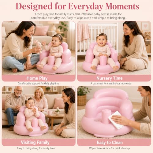 Image of Mink Inflatable Baby Seat for Babies 3 Months & Up, Blow Up Floor Baby Chair with Back Support, Fence & Built-in Air Pump, Sit Me Up Inflatable Chair for Sit Training, Feeding, Travel (Pink)