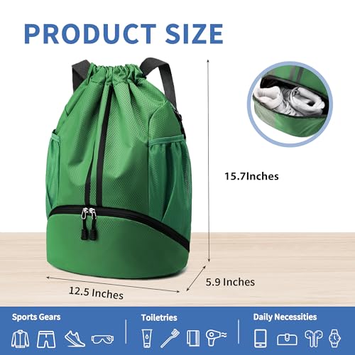 Image of JELUTAR Drawstring Backpack Gym Bag with Shoes Pocket, Dark Green | Water-Resistant String Backpack for Soccer, Basketball, Swim, Beach Cinch for Women Men, 18 L Large Capacity, Wet Pocket
