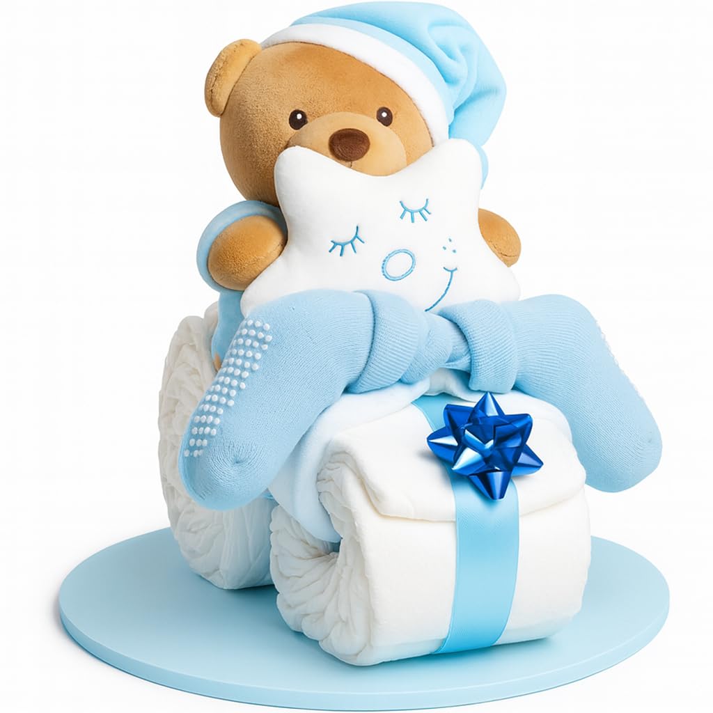 Homery - Torta di pannolini con peluche, perfetta come regalo per bimbi e bimbe dopo la nascita o durante la festa di benvenuto, realizzata a mano
