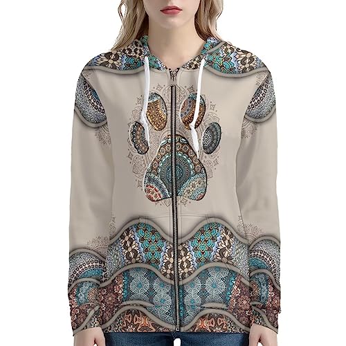 Uourmeti Hoodies Jacke mit Reißverschluss für Damen, Teenager, Mädchen, Herbst-Sweatshirt, XS-5XL, Mandala Hundepfote, M