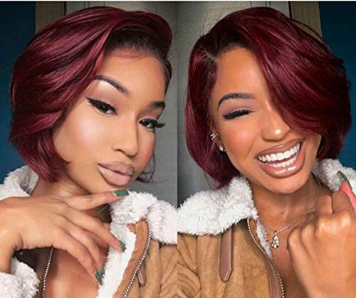 Fureya Short Bob Lace Front Wigs for Women Ombre Black Roots with Wine Red Hair Color Synthetic Hair Wigs with Baby Hair 13x6x1 Inch Lace
