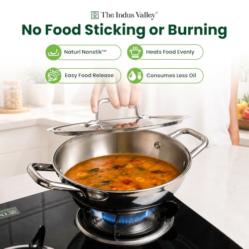 Image of The Indus Valley Tri Ply Stainless Steel Cookware Combo Set | 22cm Kadai with SS Lid + 22cm Fry Pan | 3-Layer Thick Body | 304 Food-Grade Stainless Steel | Induction Compatible