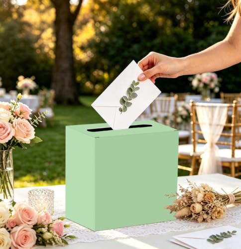 Image of SietDESEO Sage Green Card Box for Graduation Large Cardboard Gift Card Box Holder for Wedding Reception Birthday Graduation Baby Shower Raffle Ticket Box with Slot