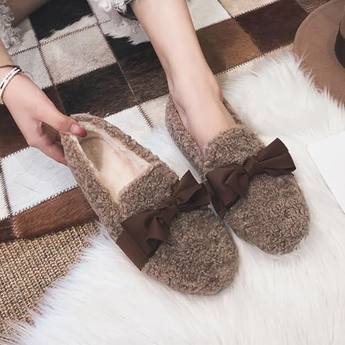 Women's Warm Faux Fur Slippers with Bow Indoor Outdoor Slip On Fuzzy Loafers for Women Winter Casual House Shoes4