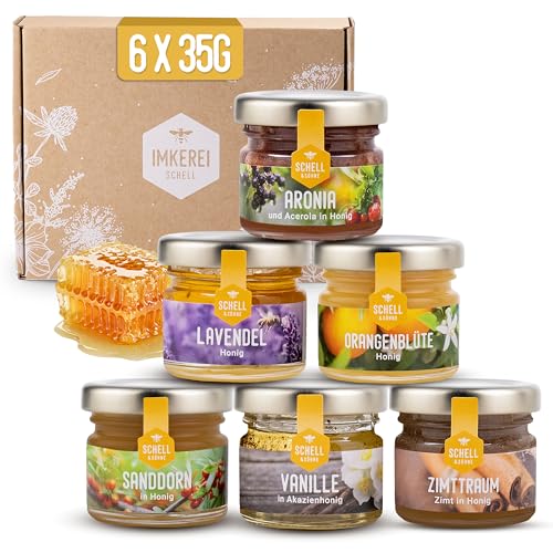 Imkerei Schell - Honig Geschenkset (6x35 g) Die Exotischen - Honigset ideal zum Verschenken oder Probieren - Mini Honiggläser...