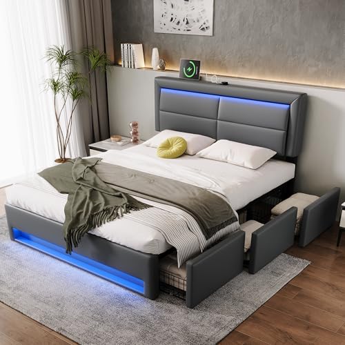 Idemon Cama tapizada hidráulica de 140 x 190 cm con puerto USB (admite carga inalámbrica y por cable), con iluminación ambiental y 3 cajones, sin colchón, diseño de guijarros de poliuretano, color