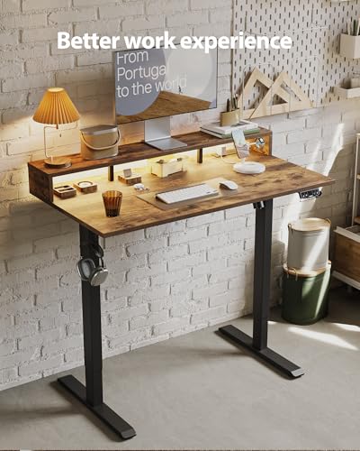 Image of Agilestic 48x24 Inch Electric Standing Desk with Shelf, Height Adjustable Desk with Power Outlet & LED, Sit Stand Up Table with Monitor Stand, Computer Workstation, Rustic Brown