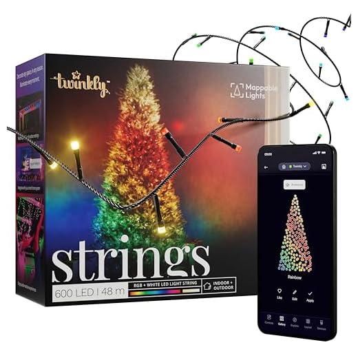 Twinkly Strings 600 LED RGB+ Weiß, LED-Lichterkette, Smarte LEDs für den Innen- und Außenbereich, Kompatibel mit Alexa und Google Home, IP44, Weihnachtsdeko, App-Steuerung, Schwarzes Kabel, 48m