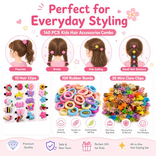 Image of 140 Pcs Hair Accessories for Kids Girls | Cute Baby Hair Clips, Rubber Bands & Mini Claw Clips Combo | Hair Accessories for Baby Girl | Kids Hair Clips Set | Mixed Designs