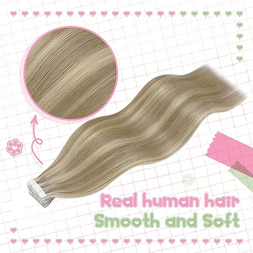 YoungSee Blonde Tape in Hair Extensions Human Hair Highlight Brown Human Hair Extensions Tape 20 Inch Blonde and Light Brown Extensions Tapes for Date Night 20pcs 50g - Image 2
