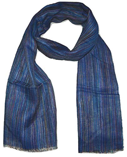 100% Pure Linen Scarf, Ikat Weave In Melange Stripes, Linen Scarf. (Multicolor Cobalt Blue) #TOP22