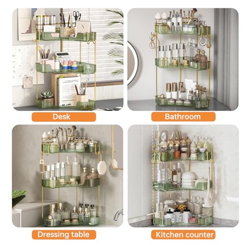 Greenby 3-Tier Corner Bathroom Counter Organizer，Makeup & Skincare Shelf with Built-in Brush Holder，Space-Saving Bathroom Countertop Organizer for Skincare, Perfume, Cosmetics(Green) by Greenby - Image 9