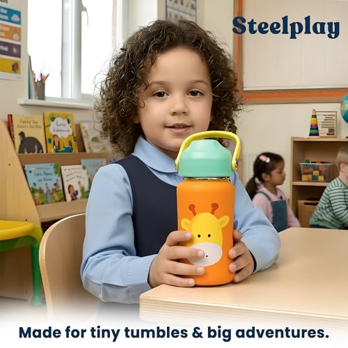 Image of rabitat Steel Play 3.0 Water Bottle for School Kids 450ml, 1+1 Year Brand Warranty | Steel Water Bottle | Steel Bottles | BPA-Free Leak-Proof, Flip-Lock Sipper, EasyCarry Handle Little Boss