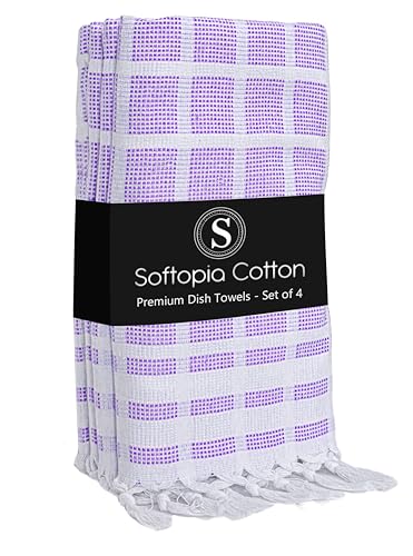 Image of Matrix Dobby Kitchen Towels 4 Pack, 16x26 Inches, 100% Cotton, Absorbent Reusable Dish Cloths with Handmade Tassels, Washable Hand Towels for Drying - Lavender, White
