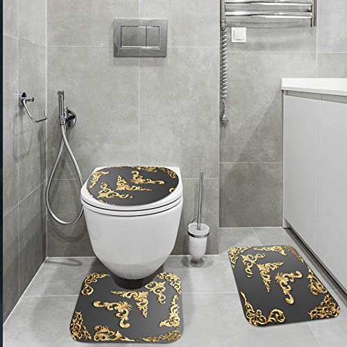 Badteppich-Set 3-teilige, rutschfeste,Barockes Schwarzgold 3D-Rendering der vergoldeten Stucksammlung Cartouche Antique… – Bild 3
