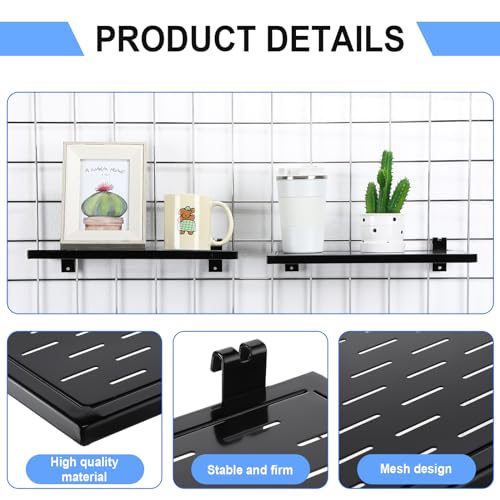 Coume SR-COUME-2738 4 Pcs Grid Wall Long Perforated Shelf 13.8'' X 7.9'' Black Metal Grid Wall Shelf Heavy Duty Hanging Grid Wall Shelf Accessories thumb #3