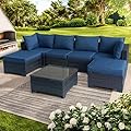 7-Piece Outdoor Furniture Patio Rattan Sectional Set with Wicker Conversation Sofas,Include Cushions, Coffee Table,Easy to Assemble,Perfect for Backyard, Porch, Garden, and Balcony (Brown-Dark Blue)