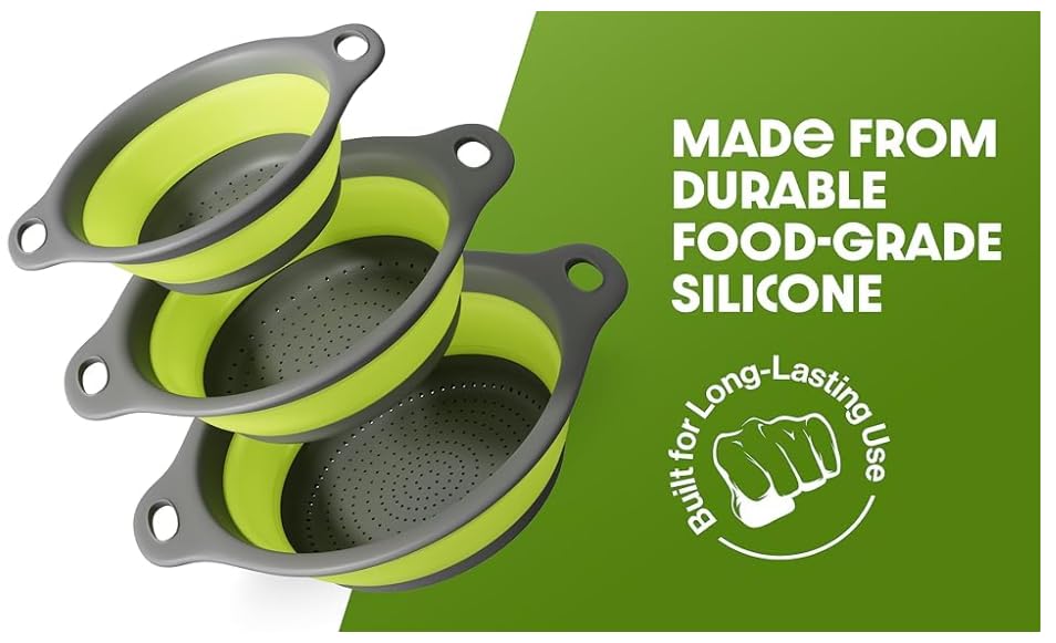Image of Collapsible Silicone Colander Set of 3 with Drain Tray, Foldable Kitchen Colander with Handles, Fruits, Vegetables, Pasta & Kitchen Storage, Space Saving (Green & Grey)