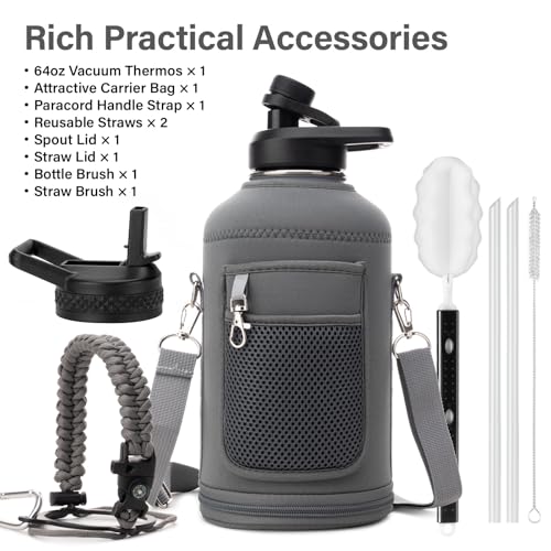 Insulated Water Bottle | Thickened Stainless Steel Vacuum Metal | Portable Sports Half Gallon Large Water Jug for Gym and Hiking with Straw, Carrier Bag, Handle Strap | BPA-Free 64 oz