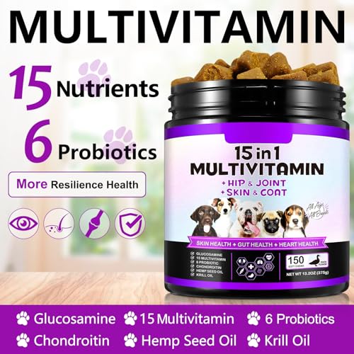 Multivitamin für Hunde 15-in-1,Natürliche Essentielle Vitamine Kautabletten Mit B-Komplex-Vitamine für Immunsystem, Knochen, Gelenke - Kalzium, Eisen, Kupfer, Jod, Zink(150 Kauartikel)